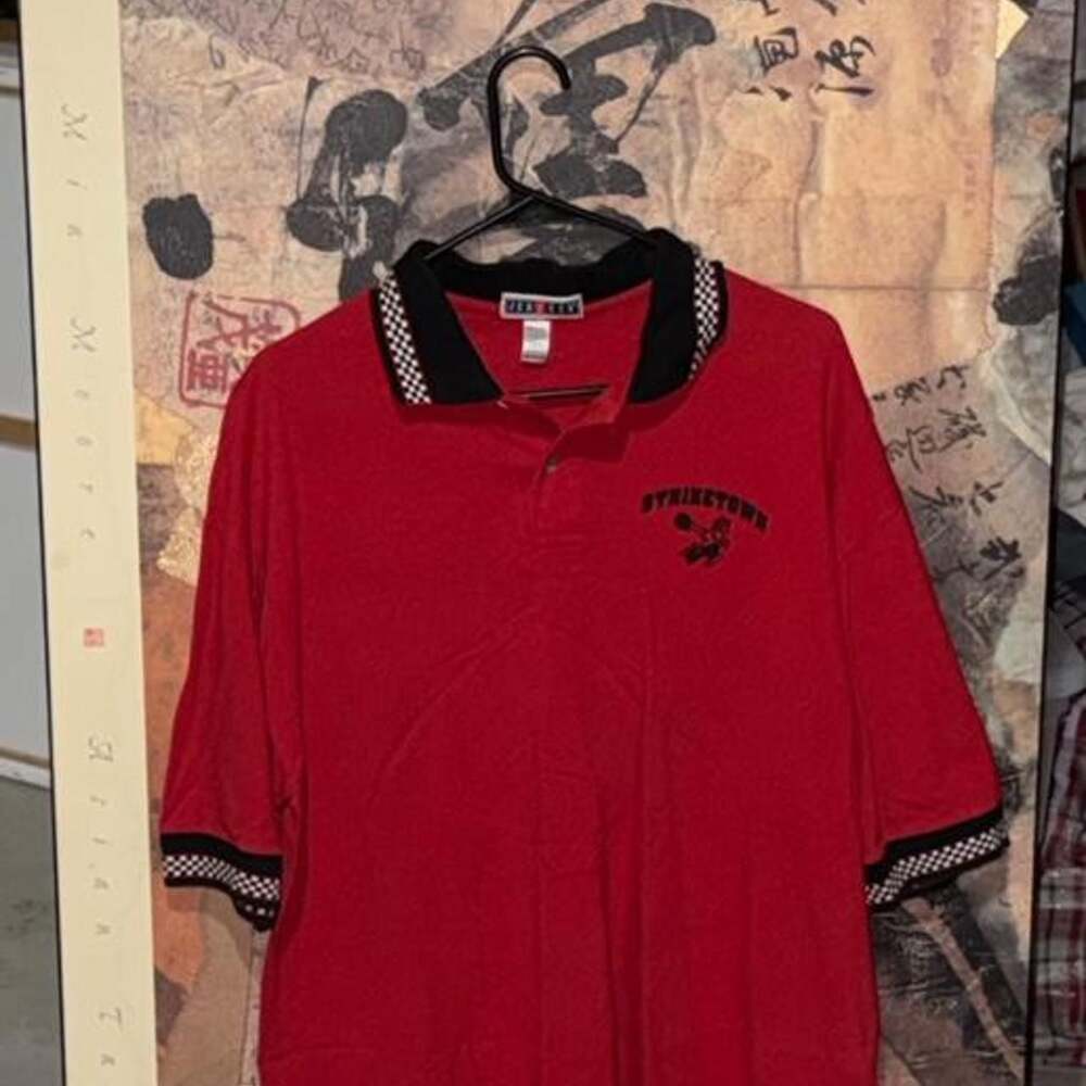 Jerzees Striketown Bowling Polo Shirt Red Black Checkered Trim